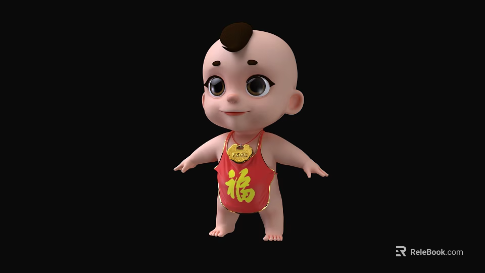 Cute Cartoon Baby Character With Red Bellyband And Yellow Fu Symbol On Black Background 3d model 
