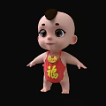 Cute Cartoon Baby Character With Red Bellyband And Yellow Fu Symbol On Black Background