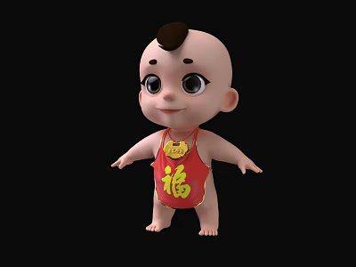 Cute Cartoon Baby Character With Red Bellyband And Yellow Fu Symbol On Black Background 3d model