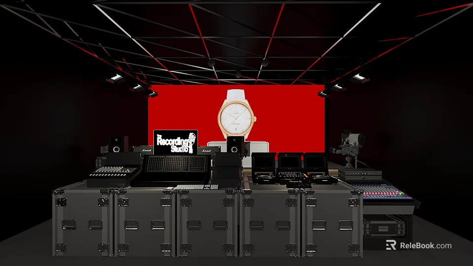 Public Office Space With Recording Equipment Red Backdrop And Control Console Workstations 3d model