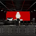Public Office Space With Recording Equipment Red Backdrop And Control Console Workstations 3d model