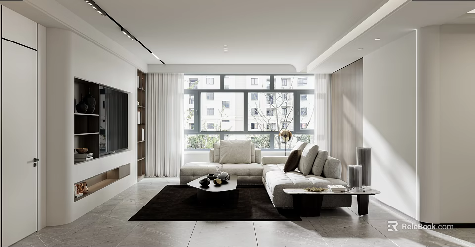Modern Minimalist Living Room With Light Interior Large Windows Sofa And Coffee Table 3d model 