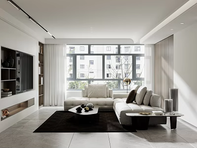 Modern Minimalist Living Room With Light Interior Large Windows Sofa And Coffee Table 3d model