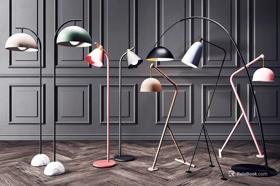 Modern Floor Lamps With Various Designs Against Dark Textured Wall And Wooden Floor 3d model 