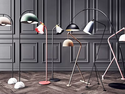 Modern Floor Lamps With Various Designs Against Dark Textured Wall And Wooden Floor 3d model