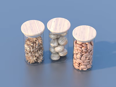 Clear Glass Storage Jars With Wooden Lids Containing Nuts And Dried Foods 3d model