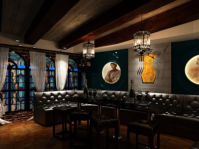 Modern KTV Interior With Leather Seating Wooden Ceiling And Round Wall Art 3d model