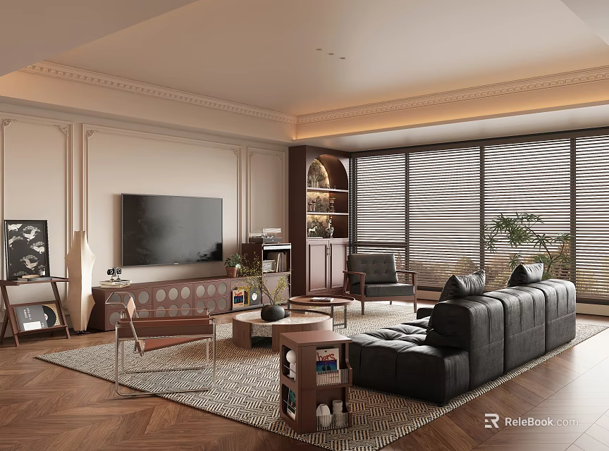 Modern Living Room With Black Leather Sofa Wooden Flooring Large Windows Blinds And Area Rug 3d model 