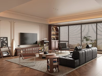 Modern Living Room With Black Leather Sofa Wooden Flooring Large Windows Blinds And Area Rug 3d model