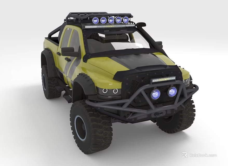 Yellow And Black Off Road Pickup Truck With Roof LED Lights And Large Tires 3d model 