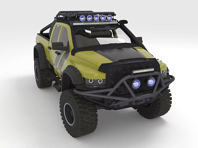 Yellow And Black Off Road Pickup Truck With Roof LED Lights And Large Tires 3d model