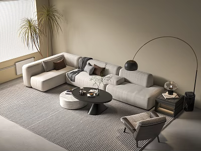 Minimalist Living Room Interior With Light Beige Sofa And Round Coffee Table Set Striped Rug And Floor Lamp 3d model