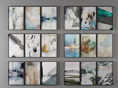Abstract Painting Sets with Neutral Blue Green Gold Tones Geometric Shapes Brush Strokes Wall Art 3d model
