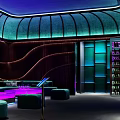 Modern KTV Lounge Interior With Purple Lighting Curved Ceiling And Large LED Screen