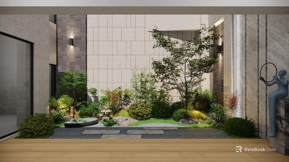 Beautiful Courtyard Garden With Lush Plants Trees Stone Path And Soft Lighting 3d model 