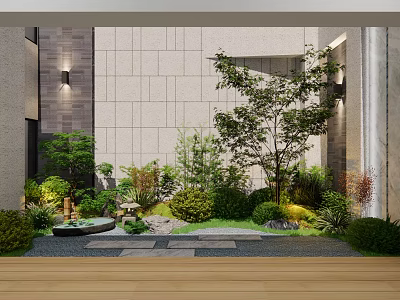 Beautiful Courtyard Garden With Lush Plants Trees Stone Path And Soft Lighting 3d model