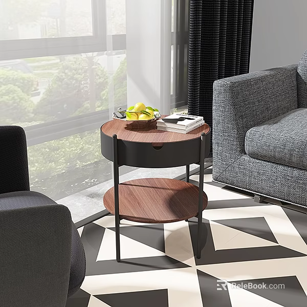 Walnut Two Tier Side Table with Fruit Bowl and Books in Living Room 3d model 