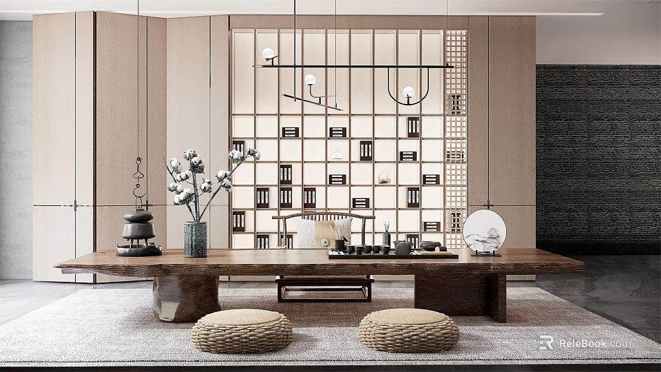 Traditional Zen Tea Room Interior With Wooden Table Tea Sets Lattice Screen And Hanging Lamps 3d model 