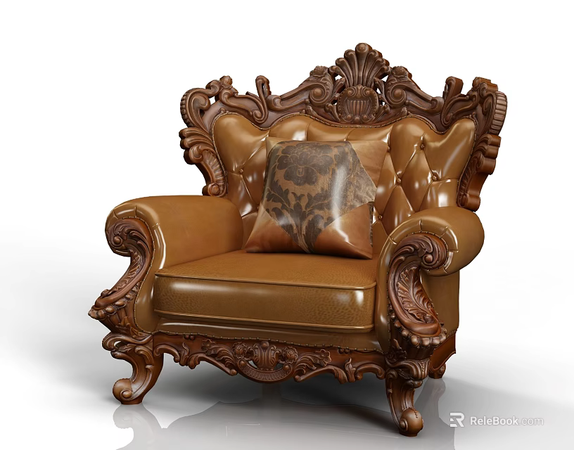 Classic Leather Single Sofa With Ornate Carved Details And Patterned Pillow 3d model 