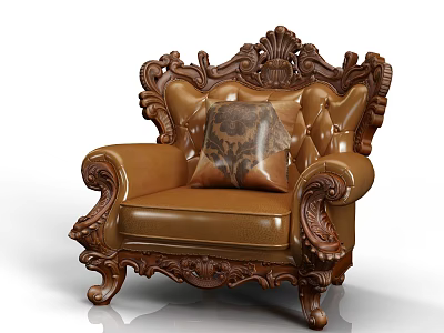 Classic Leather Single Sofa With Ornate Carved Details And Patterned Pillow 3d model