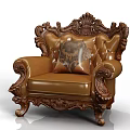 Classic Leather Single Sofa With Ornate Carved Details And Patterned Pillow