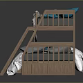 Wooden Bunk Bed Furniture With Storage Drawers And Blue Pillows White Sheets
