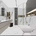 Modern Bathroom Interior With Marble Walls Vanity Shower And Cabinets