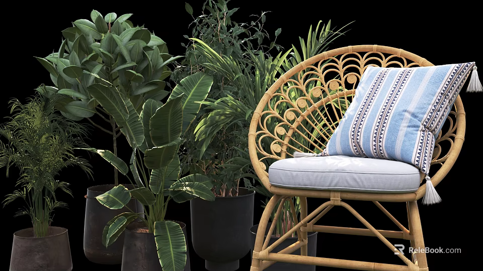 Rattan Leisure Chair With Blue And White Striped Cushion Surrounded By Green Plants 3d model 