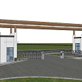 Modern Entrance Gate With Wooden Canopy White Walls Decorative Windows White Fence Blue Sky Grassland