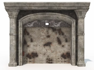 Stone Architectural Component Featuring Arched Doorway Columns Grid Structure Steps And Dark Spots 3d model