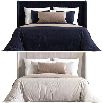 Double Bed Fabric Double Bed Solid Wood Bedside Table 3d model