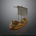 Ancient Wooden Sailing Boat Model With Decorative Bow And White Sail Structure