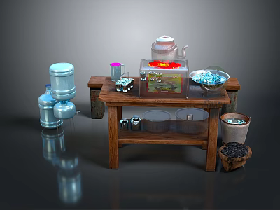 Wooden Workbench With Red Liquid Container Transparent Containers Blue Buckets Metal Tools And Clay Pot 3d model