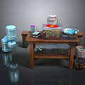 Wooden Workbench With Red Liquid Container Transparent Containers Blue Buckets Metal Tools And Clay Pot
