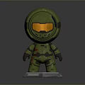 Green Character Model With Orange Visor And Green Armor On Base Stand