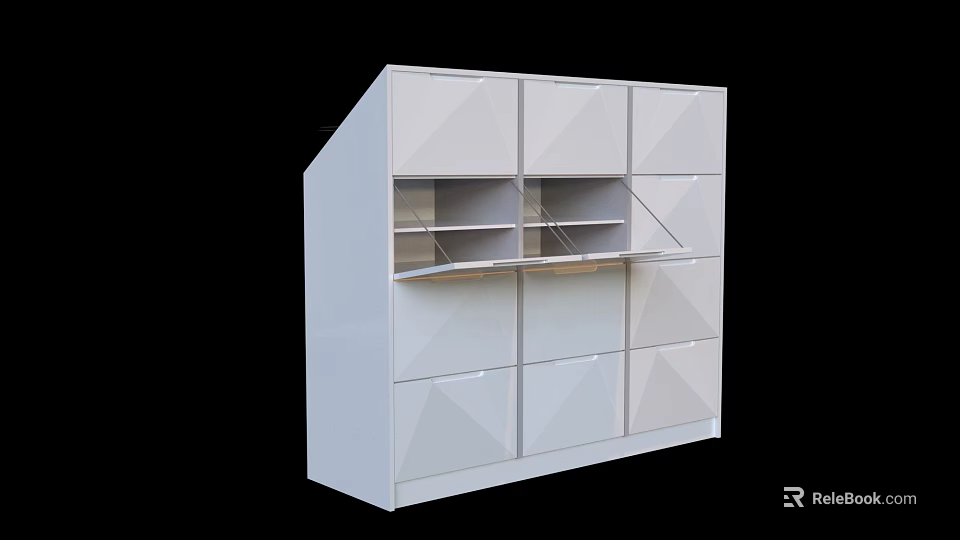 Modern White Storage Cabinet With Geometric Panel Design Open Shelves And Closed Compartments 3d model 
