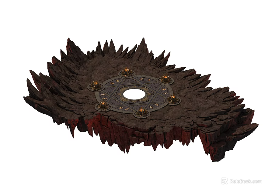 Cartoon Scene Of Spiked Rocky Platform With Central Circular Area And Golden Runes 3d model 