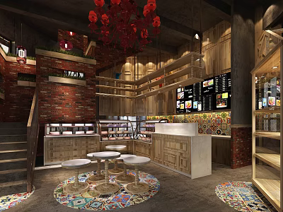 Modern Dessert Shop Interior With Open Display Counter Wooden Decor Chandeliers And Colorful Tiles 3d model