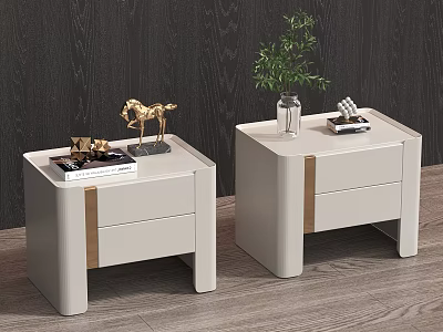 Modern White Bedside Tables With Gold Accents Green Plant And Gold Horse Decor 3d model