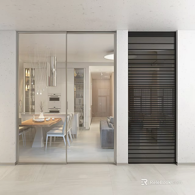 Modern Glass Sliding Doors Design In Open Kitchen And Living Area 3d model 