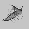 Ancient Viking Wooden Ship With Red White Striped Sail Carved Figureheads And Oars