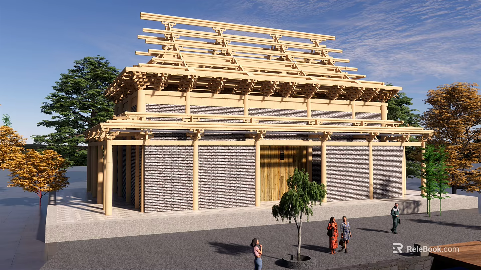 Ancient Wooden Architecture With Traditional Roof Structure And Brick Wall Surrounding Trees And People 3d model 