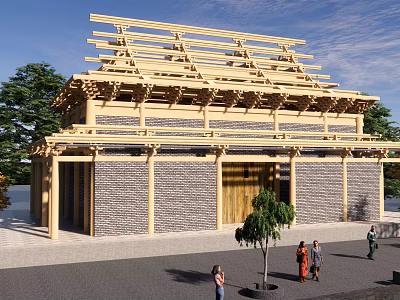 Ancient Wooden Architecture With Traditional Roof Structure And Brick Wall Surrounding Trees And People 3d model
