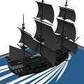 Sailing Ship with Multiple Black Sails Sailing Across Open Ocean Waters 3d model