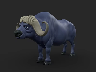 Blue 3D Cartoon Buffalo Character With Golden Mane And Large Horns 3d model