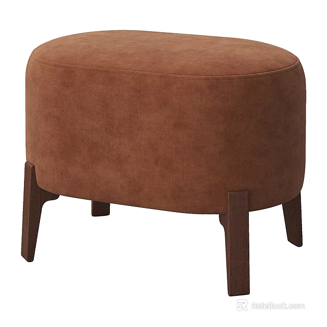 Brown Velvet Round Stool With Wooden Legs Modern Upholstered Design For Living Room 3d model 