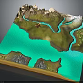Natural Terrain Model Featuring Blue Water Winding Rivers Green Land and Snowy Peaks