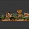 Cartoon Scene Of A Village With Colorful Cottages Windmill Trees And Green Grass