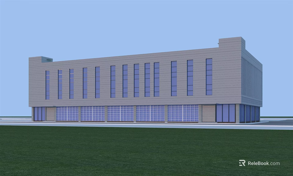 Modern Industrial Factory Building Exterior With Large Glass Windows And Front Grass Lawn 3d model 