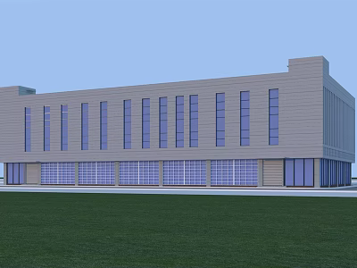 Modern Industrial Factory Building Exterior With Large Glass Windows And Front Grass Lawn 3d model